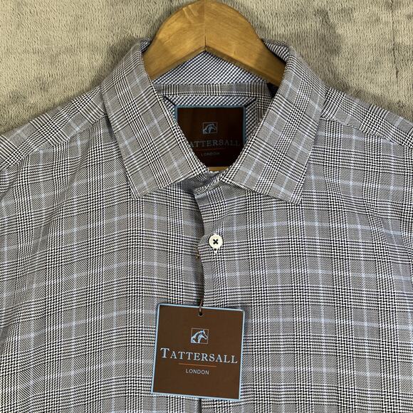 Tattersall London Dress Shirt 17 34/35 Blue Check Button Up Light Cotton NEW - Picture 2 of 11